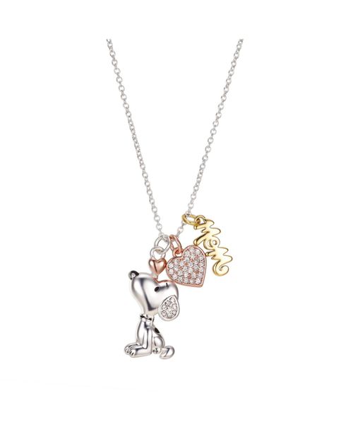 "Gold Flash Plated ""Mom"" Snoopy and Cubic Zirconia Heart Necklace, 16""+2"" Extender - Silver"