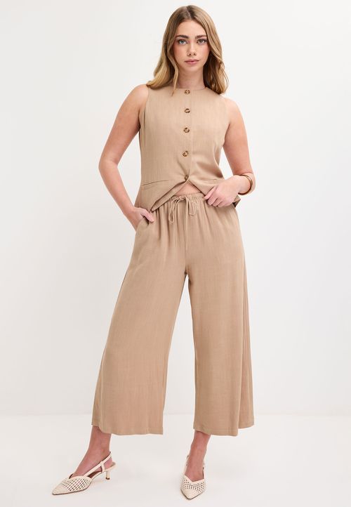 Womens Camel Linen Blend Culotte Trousers