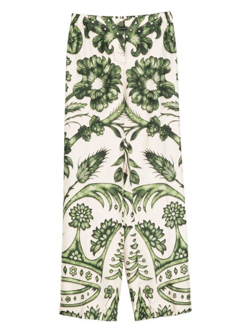 Botanical Print Silk Trousers — Green