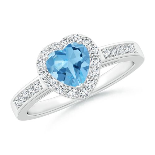Angara 0.92 Carat Heart-Shaped Swiss Blue Topaz Halo Ring with Diamond Accents in Platinum