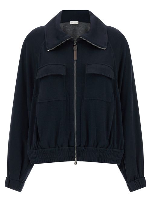Cotton-Silk Blend Bomber Jacket — Navy