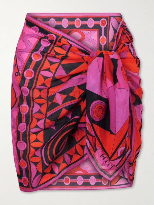 Printed Self-tie Cotton Pareo - Bright pink