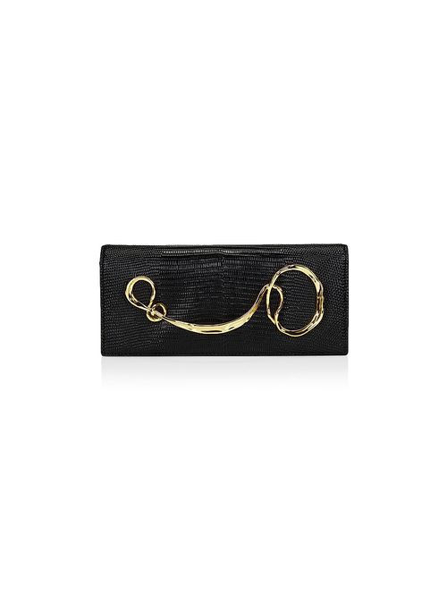 Women's Lizard-Embossed Leather Clutch - Black