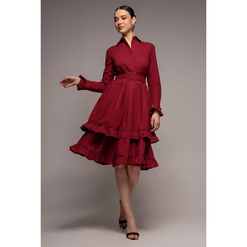 Goddiva Tiered Shirt Belted Long Sleeve Midi Dress - Wine