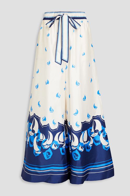 Printed silk-twill wide-leg pants