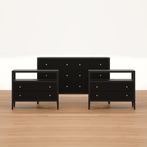 Stria White Fluted 6-Drawer Dresser & 2 Wide Nightstands Set