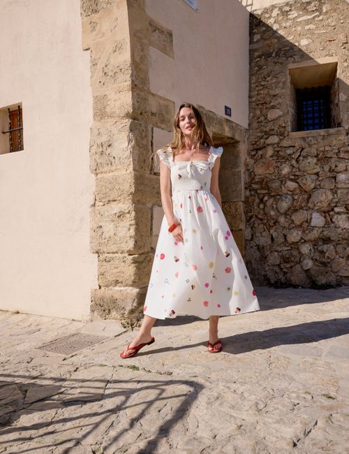 White Floral Shirred Christina Midi Dre