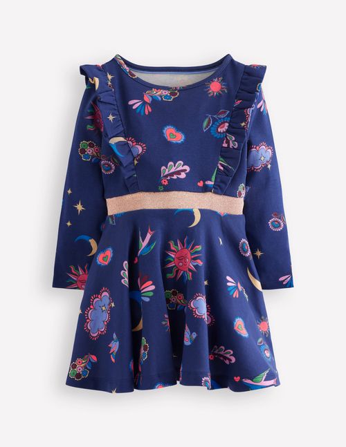 Cora Twirly Jersey Dress College Navy Paisley Sky