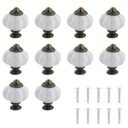 TEMU 10pcs Vintage Leaf & Floral Alloy Drawer Handles - Elegant Black & White Ceramic Knobs With Golden Accents For Bedroom, Kitchen, And Cabinet