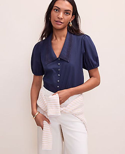 Ann Taylor Petite Weekend Lace Trim Blouse