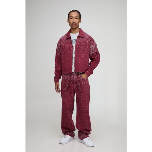 BoohooMAN Mens Boxy Rhinestone Denim Jacket - Red Cotton - Mediu