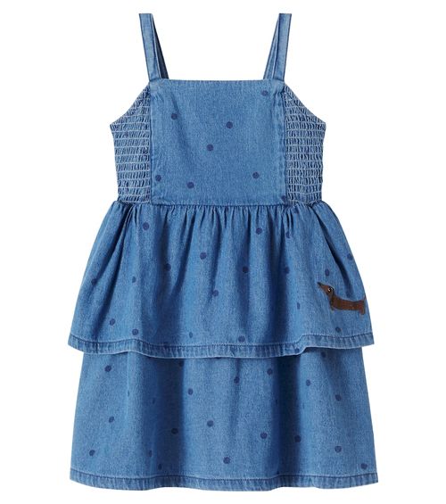 Polka-dot embroidered denim dress
