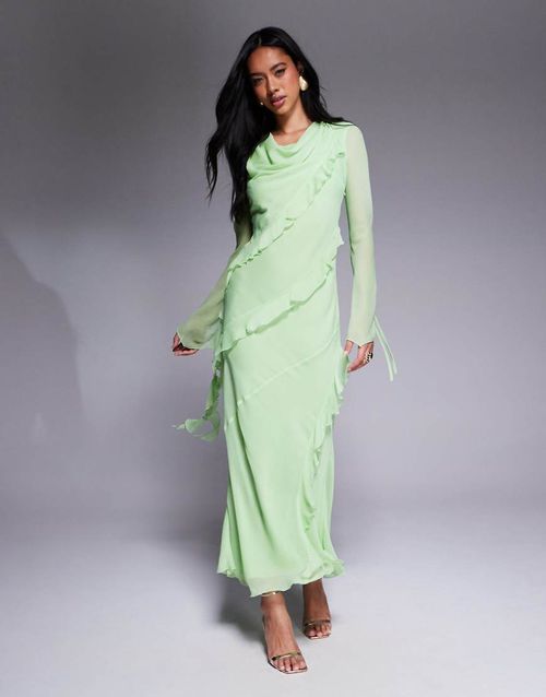 Chiffon ruffle maxi dress in pistachio-Green