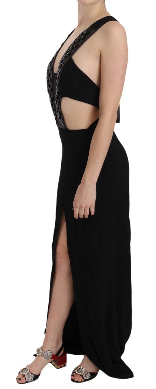 Crystal-Embellished Leather-Strap Flare Dress — Black