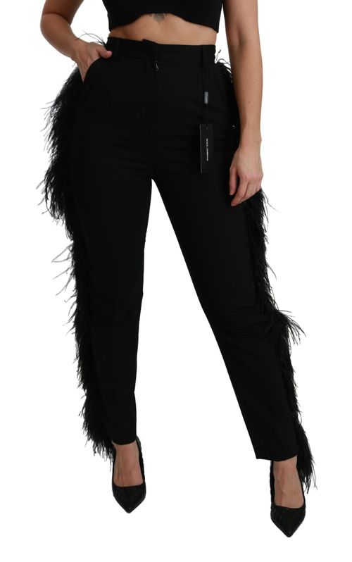 Feather-Trim Virgin Wool Trousers — Black