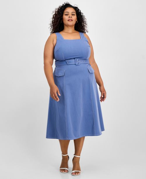Plus Size Denim Belted Square-Neck Midi Dress - Denim