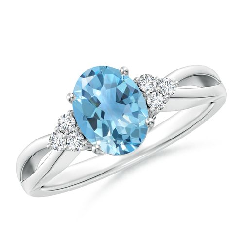 Angara 1.5 Carats Oval Swiss Blue Topaz Split Shank Ring with Trio Diamonds in Platinum
