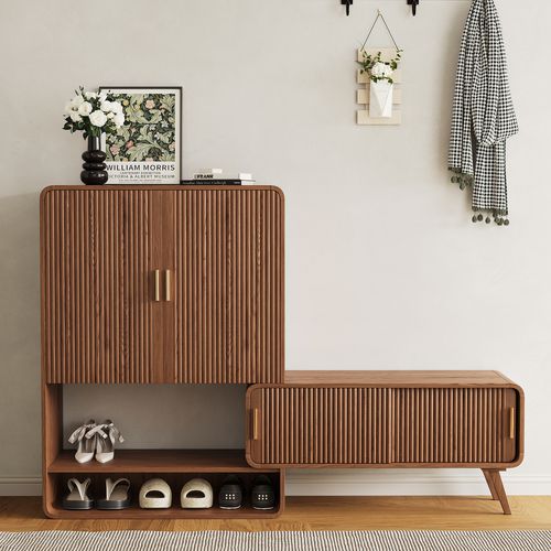 Ash Wood Shoe Rack for Entryway in Walnut Shoe Storage Cabinet for Closet 37" Wide