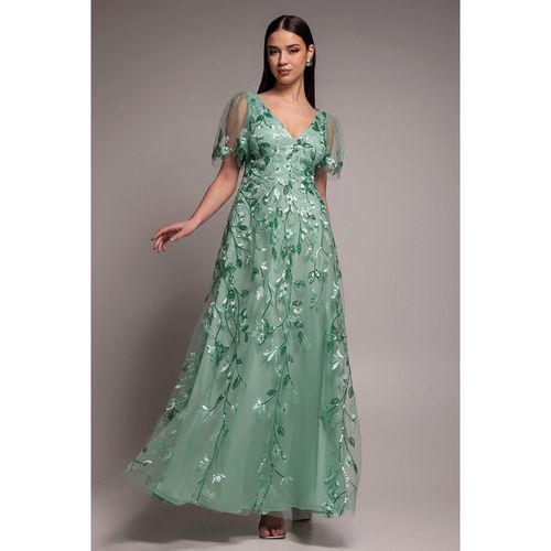 Goddiva Flared Sleeve Embroidered Maxi Dress - Sage Green
