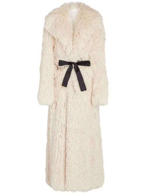 Bow-embellished faux fur coat - Neutrals