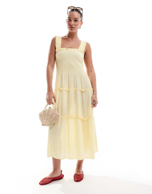Vero Moda shirred cami midi dress in pale banana-Yellow