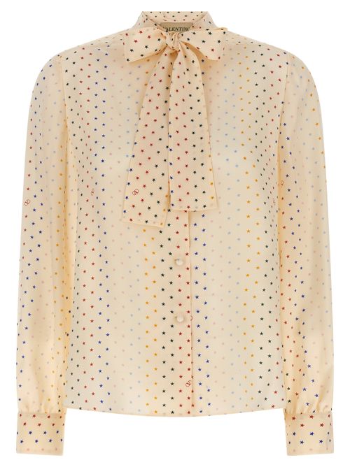 Multicolor Star-Print Silk Blouse — Cream