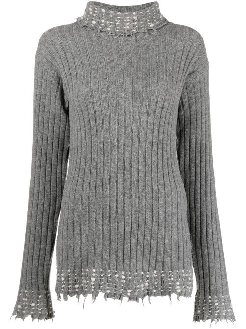 Raw-cut edge high-neck knitted jumper - Grey