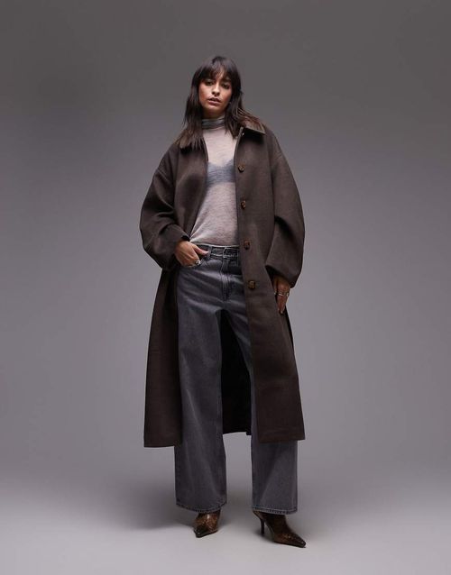 Topshop belted long line formal coat in brown-Multi