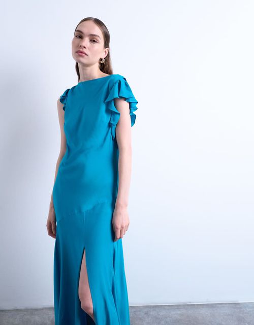 Cowl back flutter sleeve maxi dress in airforce blue