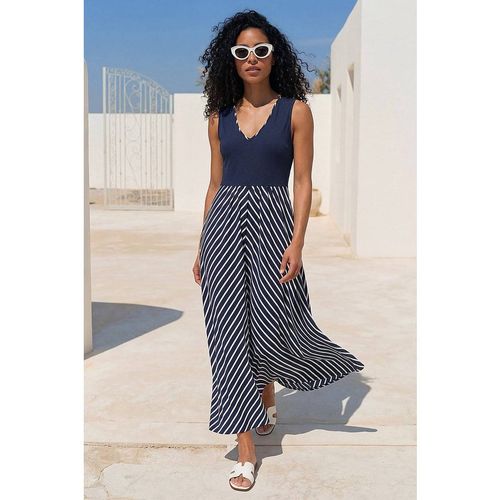 Roman Women's Chevron Print Ribbed Midi Dress in Navy