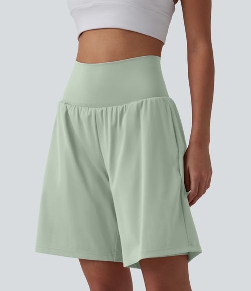 "SoftlyZero™ Airy Super High Waisted 2-in-1 Cool Touch Yoga Shorts 9"" with Pockets Gym Short - Light Bean Green