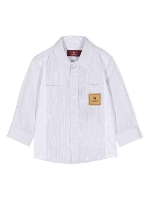 Logo-patch striped cotton shirt - Grey