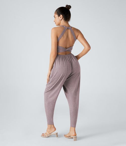 U Neck Pocket Harem Casual Jumpsuit-Easy Peezy Edition  - Deep Tea Brown Floral Yarn