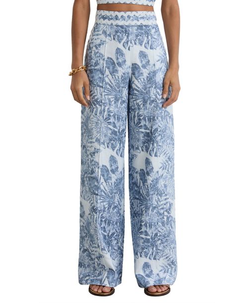 Women's Mila High-Waisted Wide-Leg Tropical-Print Linen Pants - Blue