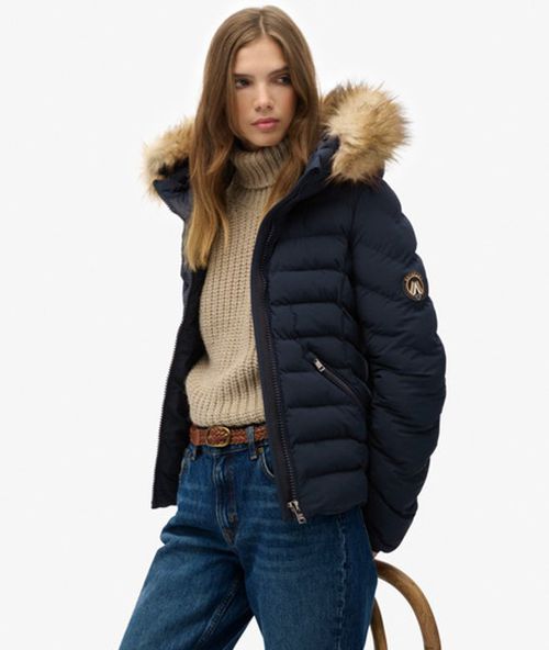 Superdry Women's Fuji Faux Fur Hood Padded Jacket Navy