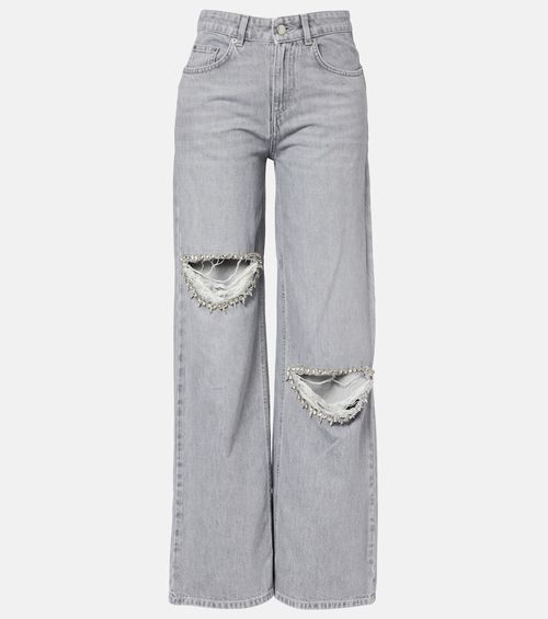Distressed embellished wide-leg jeans