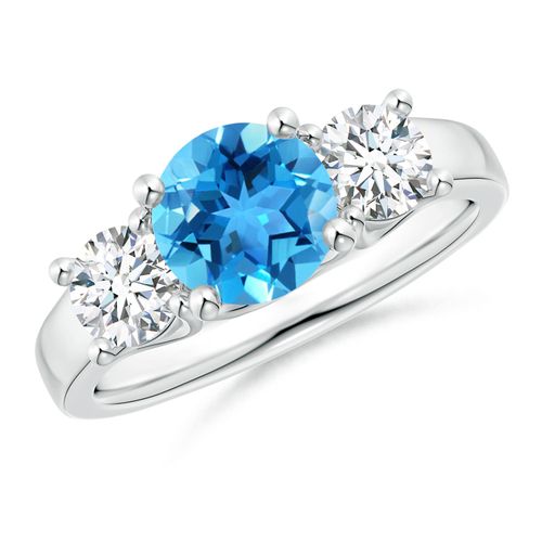 Angara 1.55 Carats Classic Round Swiss Blue Topaz and Diamond Three Stone Ring in Platinum