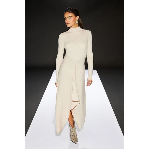 Warehouse Womens Runway 1.8.1.8 Wool Blend Rib Asymmetric Hem Dress - Beige - Size Small