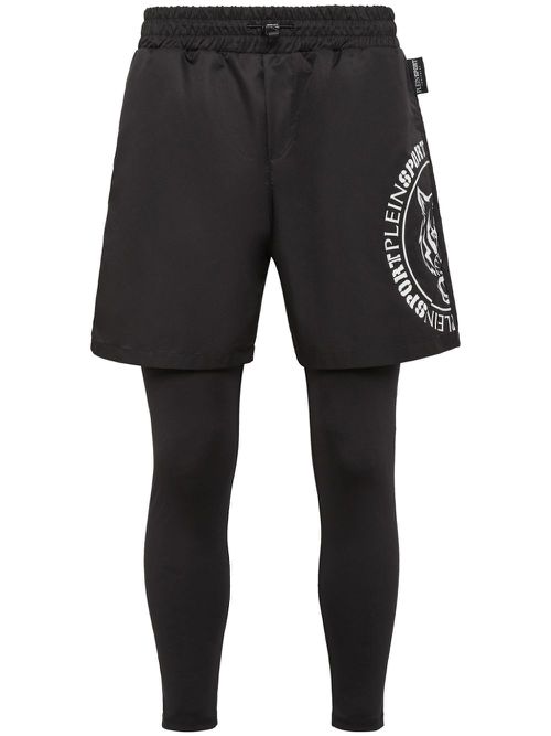 Logo-print layered-design leggings - Black