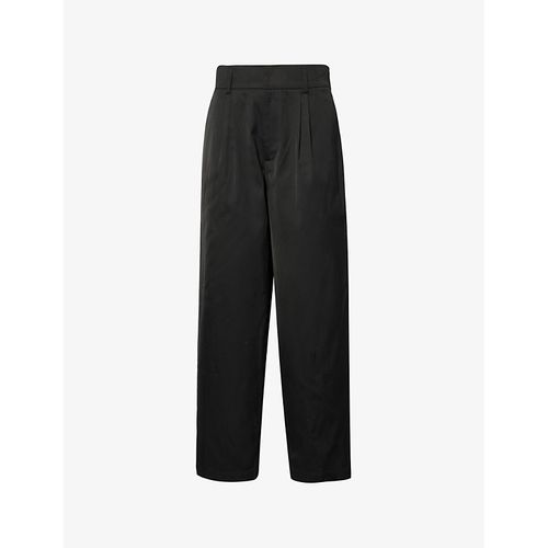 Mens Black Pleated High-rise Relaxed-fit Straight-leg Woven-blend Trousers L