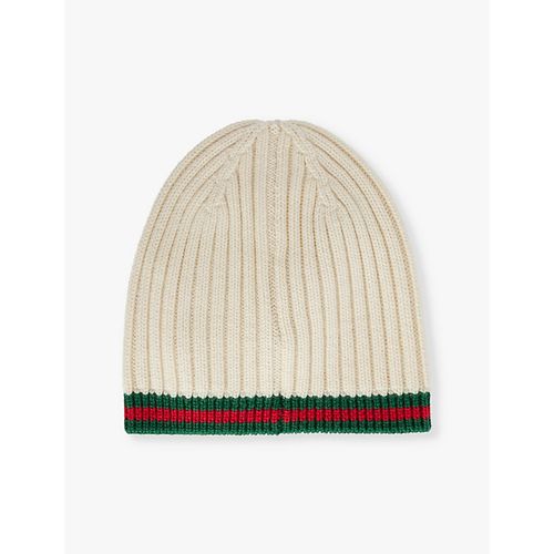 Off White/d.green Web-stripe Ribbed-knit Wool Beanie Hat