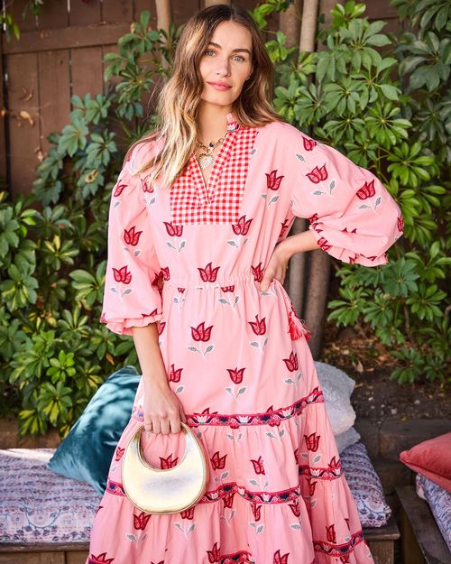 Organic Cotton Floral V-Neck 3/4-Sleeve Midi Dress in Tulip Bloom | Women's S | Pink