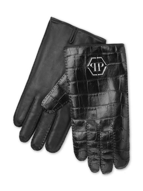 Crocodille-effect leather gloves - Black