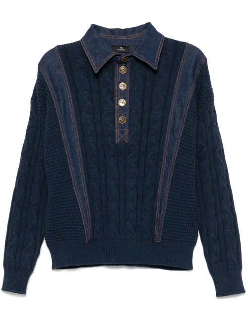 Denim-inserts knitted polo top - Blue