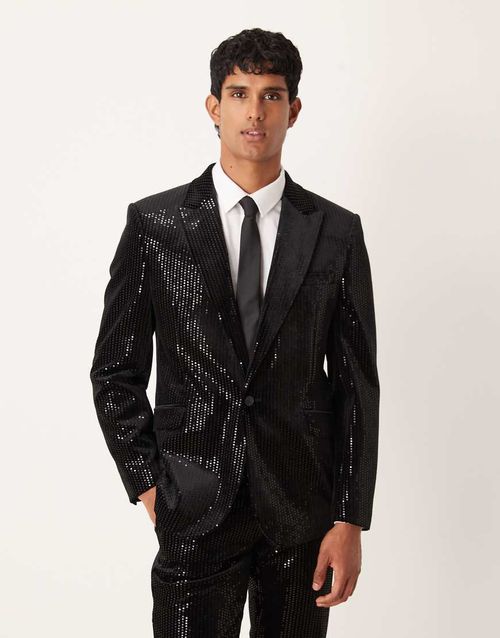 Slim suit jacket in velvet sequin in black