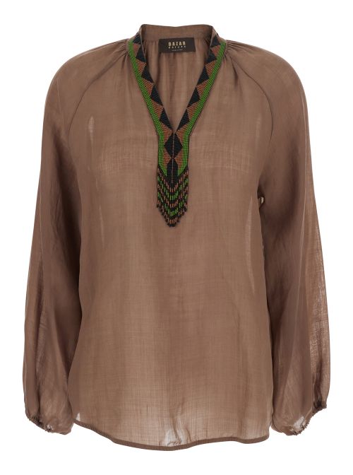 Womens Brown Cotton V-Neck Long Sleeve Shirt Glass Ramie And Blouses - Women
