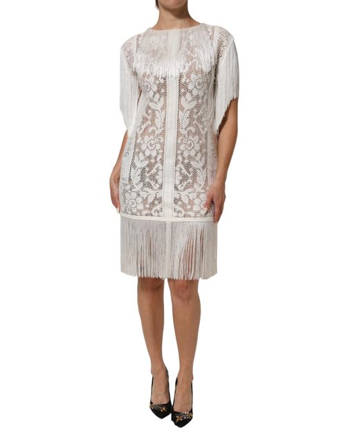 Floral Lace with Fringe Trim Dress — White