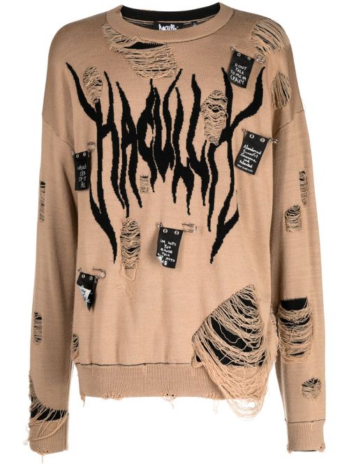 Distressed intarsia-logo jumper - Brown