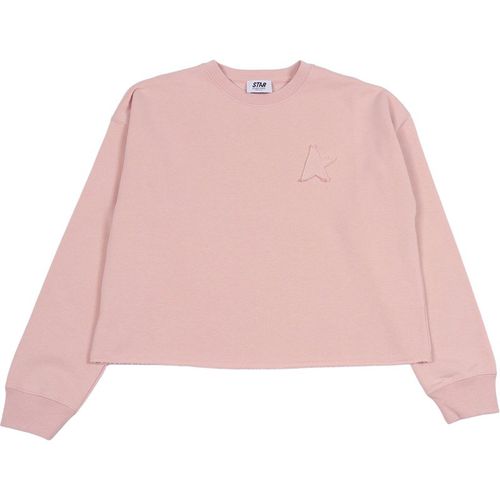 Golden Goose Star Girl's Crewneck Crop Sweatshirt Raw Cut Hem Blend Cotton Fleece With Patch And Embroidery