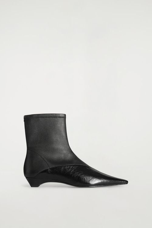 Paneled Pointed Leather Wedge Ankle Boots